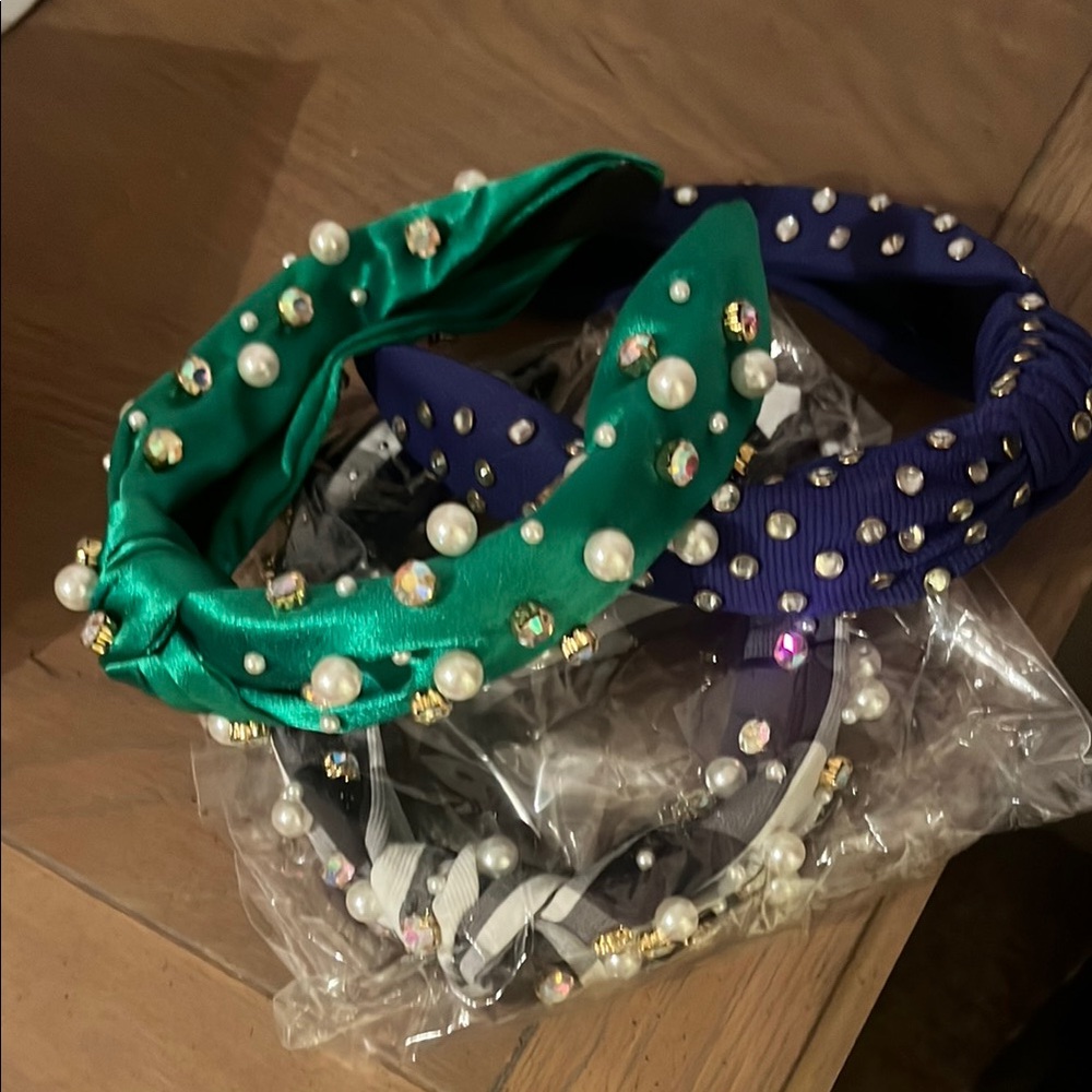 Elegant Pearl Embellished Headbands - Green, Purple, Black